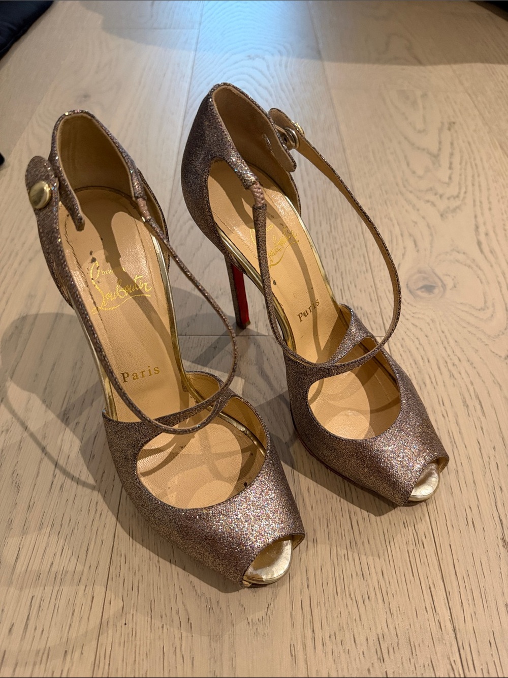 Christian Louboutin Glittery Rose Gold Peep-Toe Ankle-Strap Heels